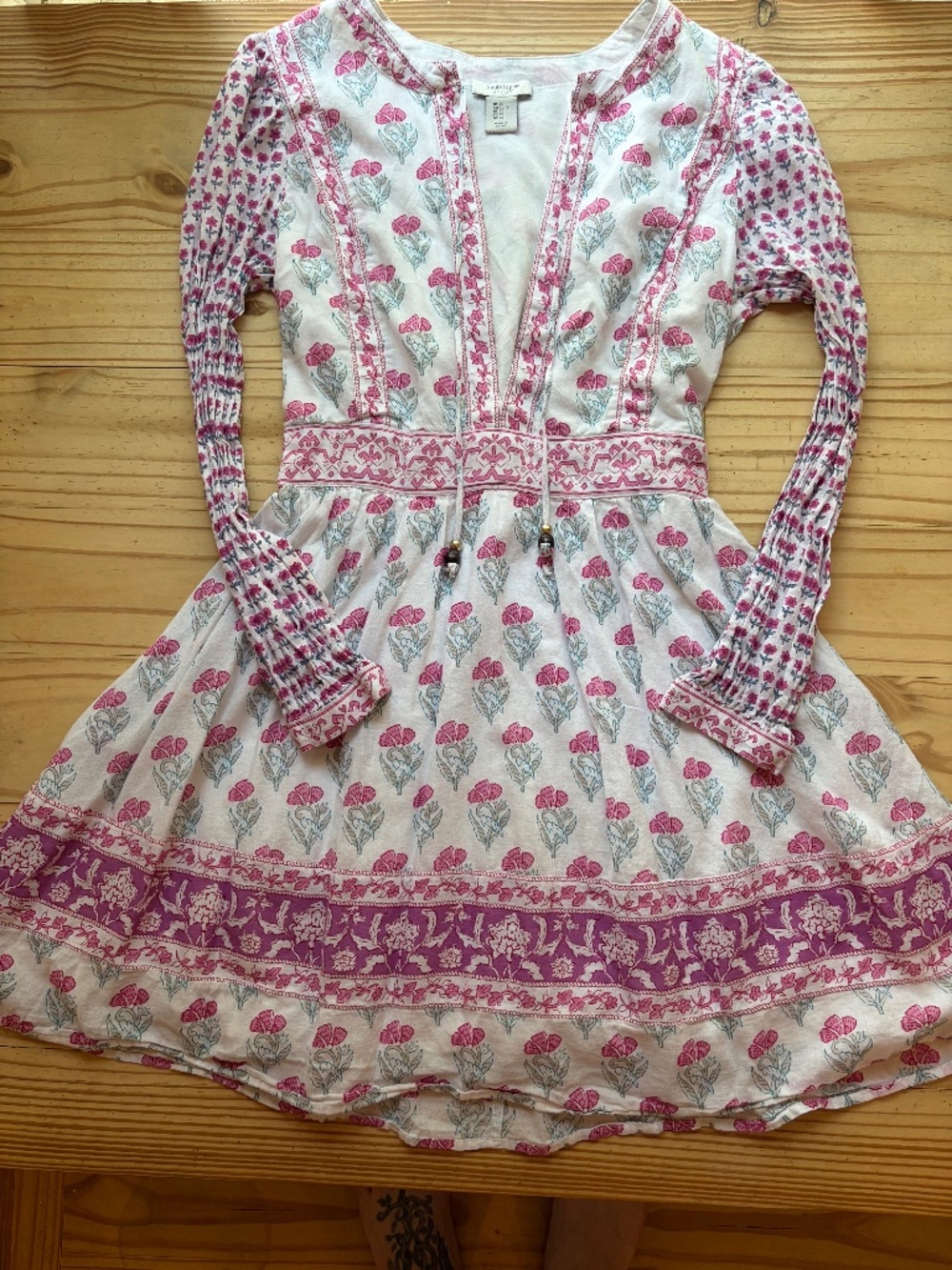 Haute Hippie Block Floral Print Boho Long Sleeve Mini Dress White Pink XS